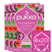 Pukka Organic Morning Berry Herbal Tea box, 80 sachets.
