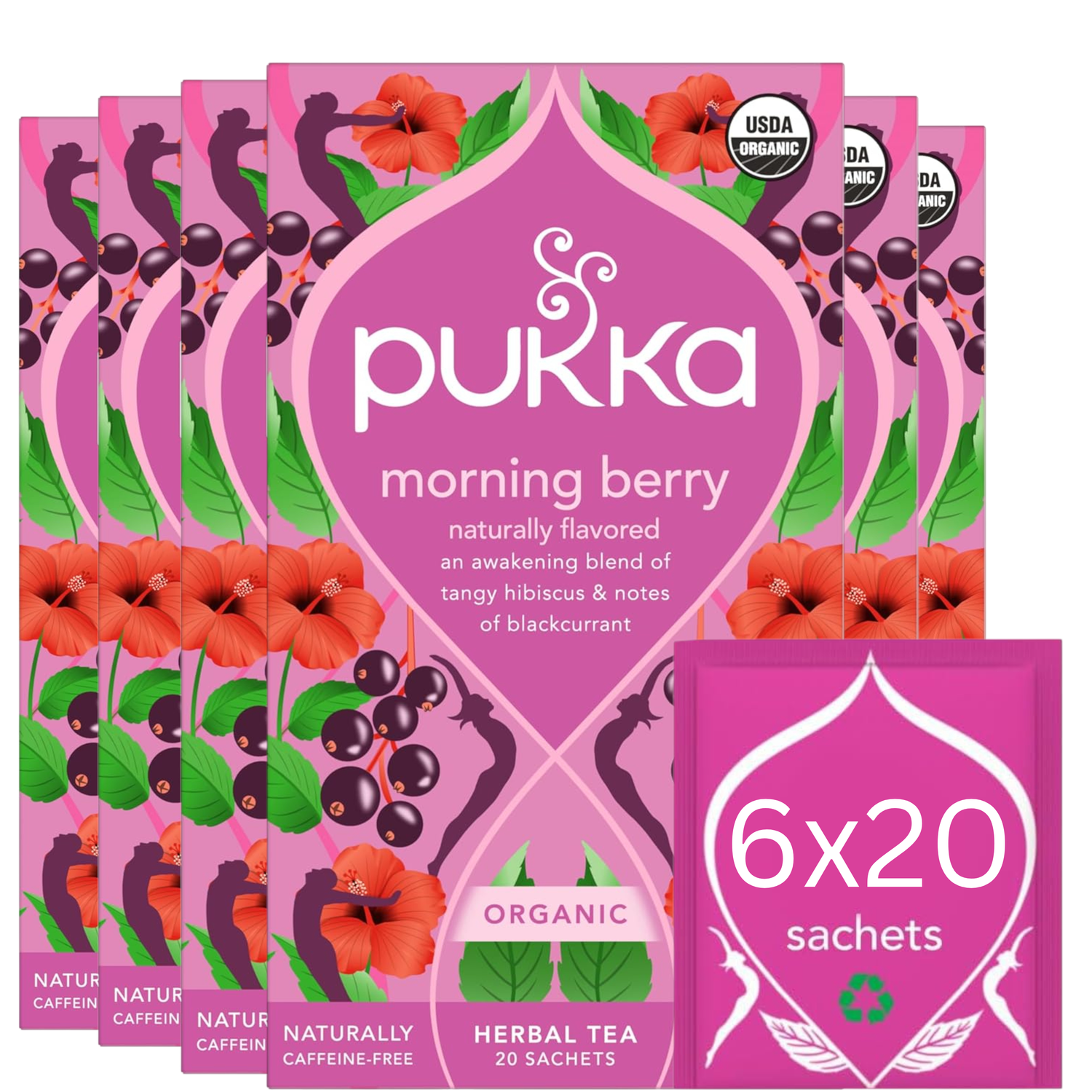 Pukka Organic Morning Berry Herbal Tea box, 120 sachets.
