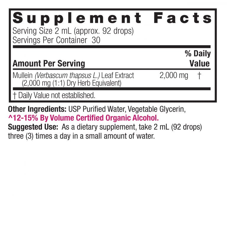 Supplement facts label for a dietary supplement with mullein extract on a white background.