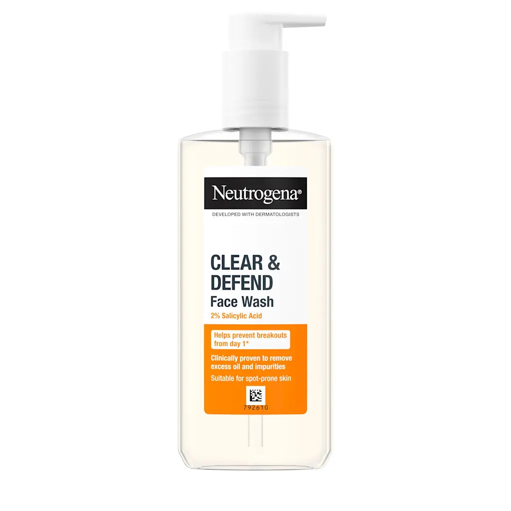 Neutrogena Clear & Defend 2% Salicylic Acid Face Wash 200ml bottle.