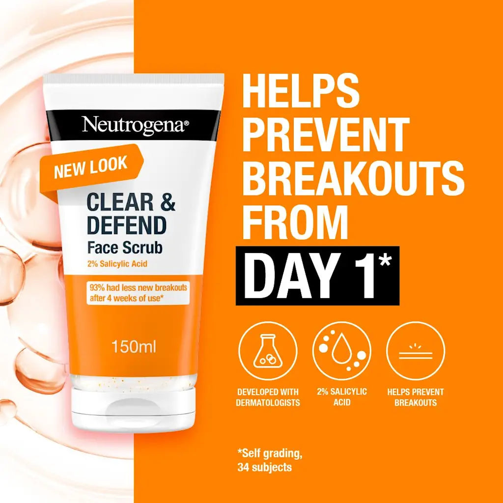 Neutrogena Clear & Defend Face Scrub 150ml - 2% Salicylic Acid Exfoliator