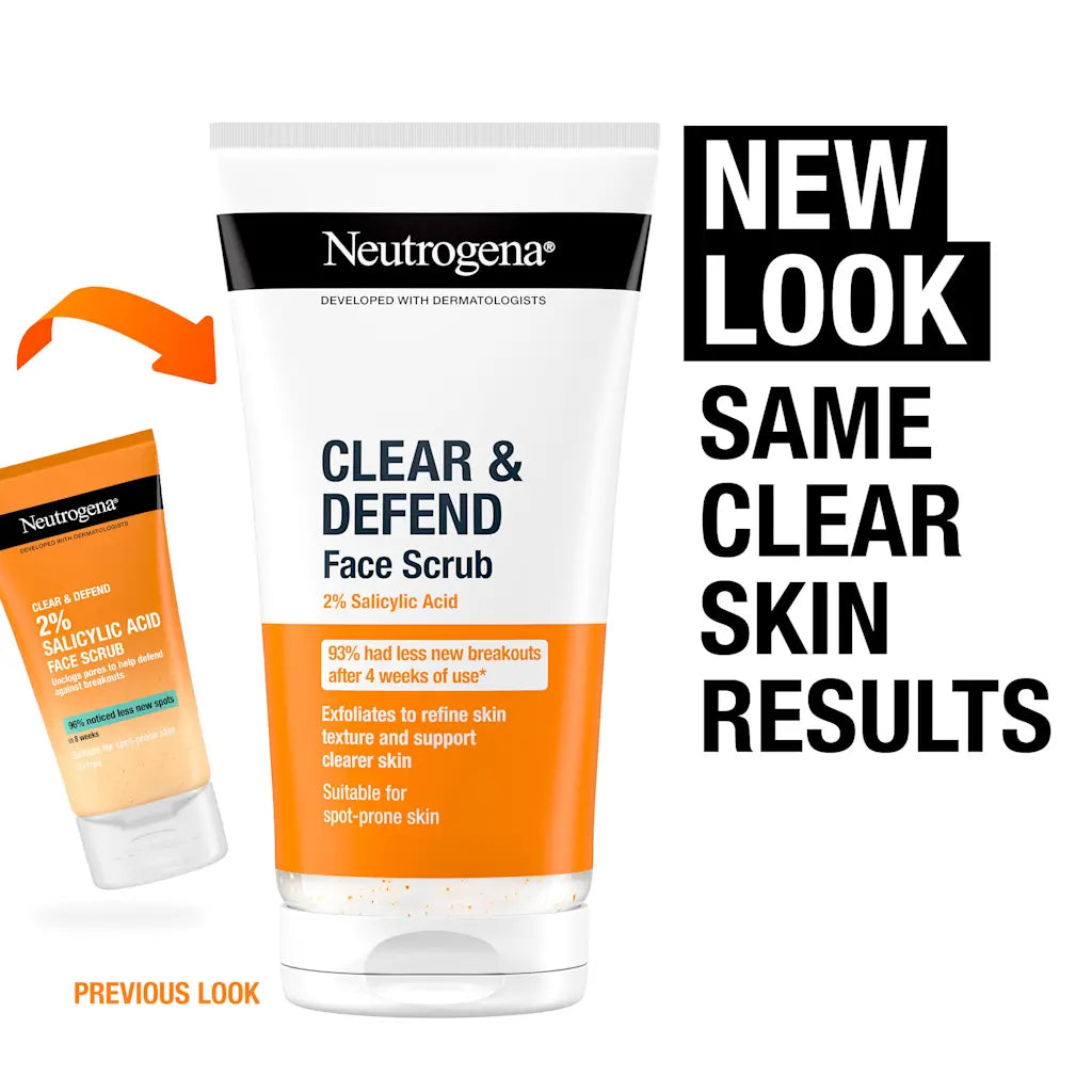 Neutrogena Clear & Defend Face Scrub 150ml - 2% Salicylic Acid Exfoliator. Old & new packaging.