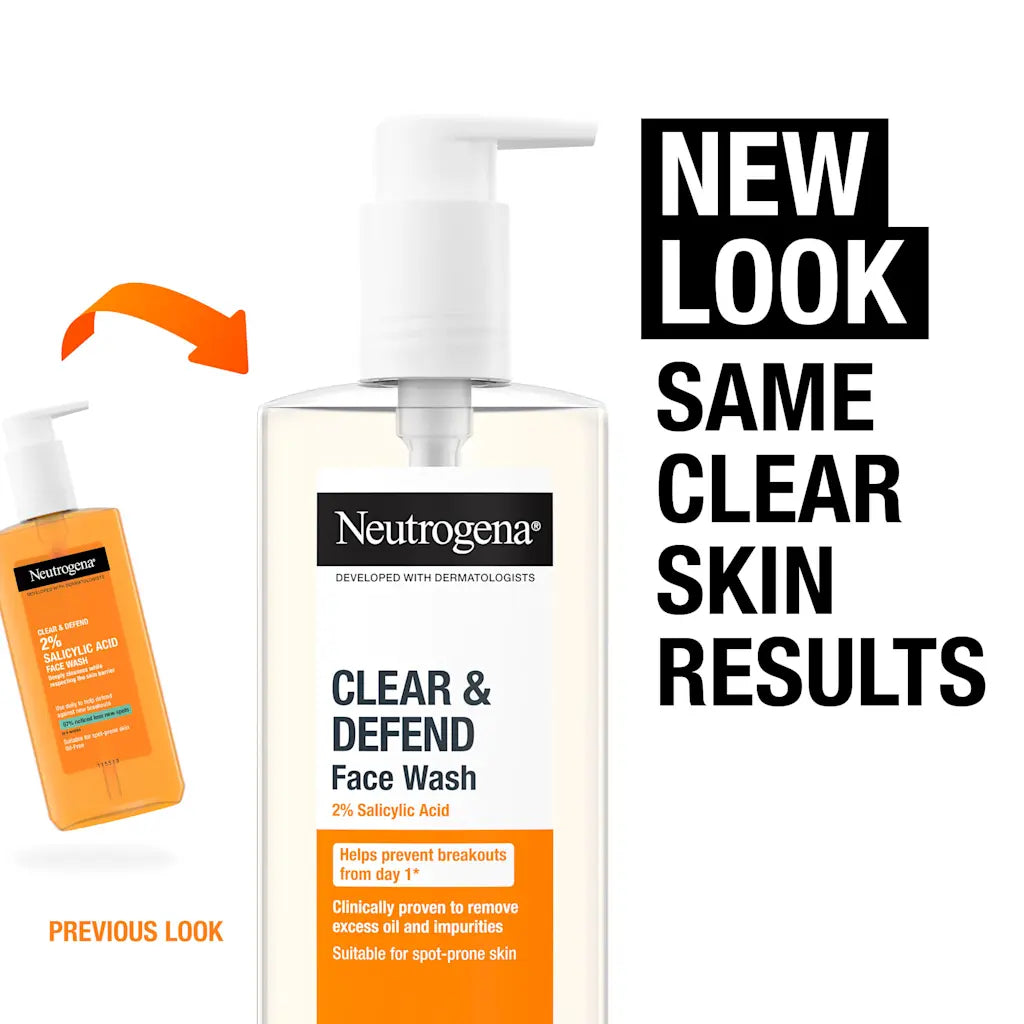 Neutrogena Clear & Defend 2% Salicylic Acid Face Wash 200ml bottle. Old & new pacakging.