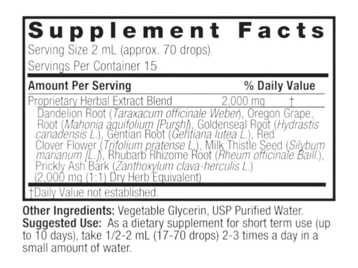 Nature’s Answer Liver Support liquid extract supplement facts 30ml bottle
