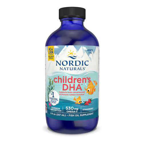 Nordic Naturals Children's DHA Strawberry Flavour Liquid 237ml bottle with cod liver oil.