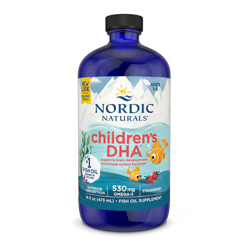 Nordic Naturals Children's DHA Strawberry Flavour Liquid 473ml bottle with cod liver oil.
