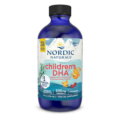 Nordic Naturals Children's DHA Strawberry Flavour Liquid 119ml bottle with cod liver oil.