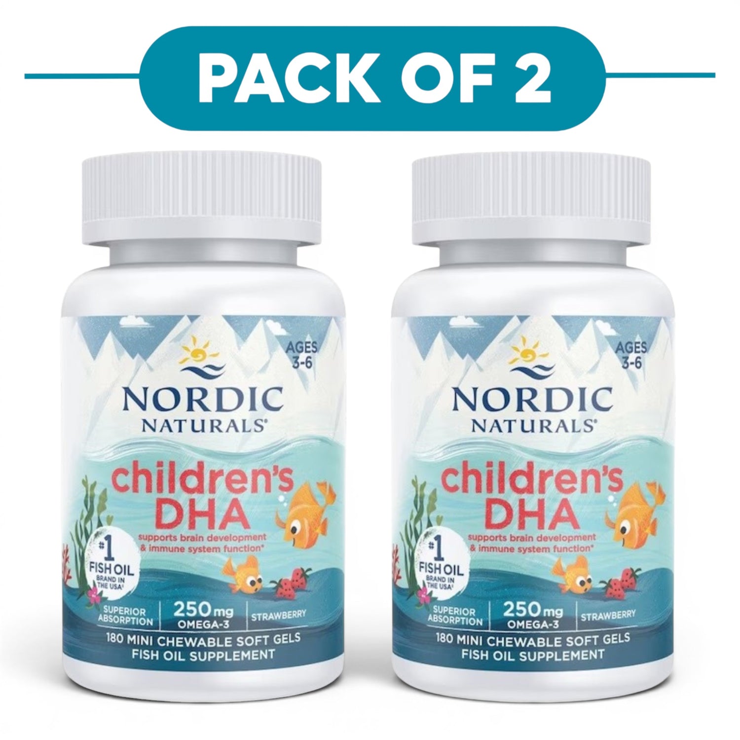 Nordic Naturals Children's DHA 250mg Strawberry 180 Mini Chewable Soft Gels Pack of 2
