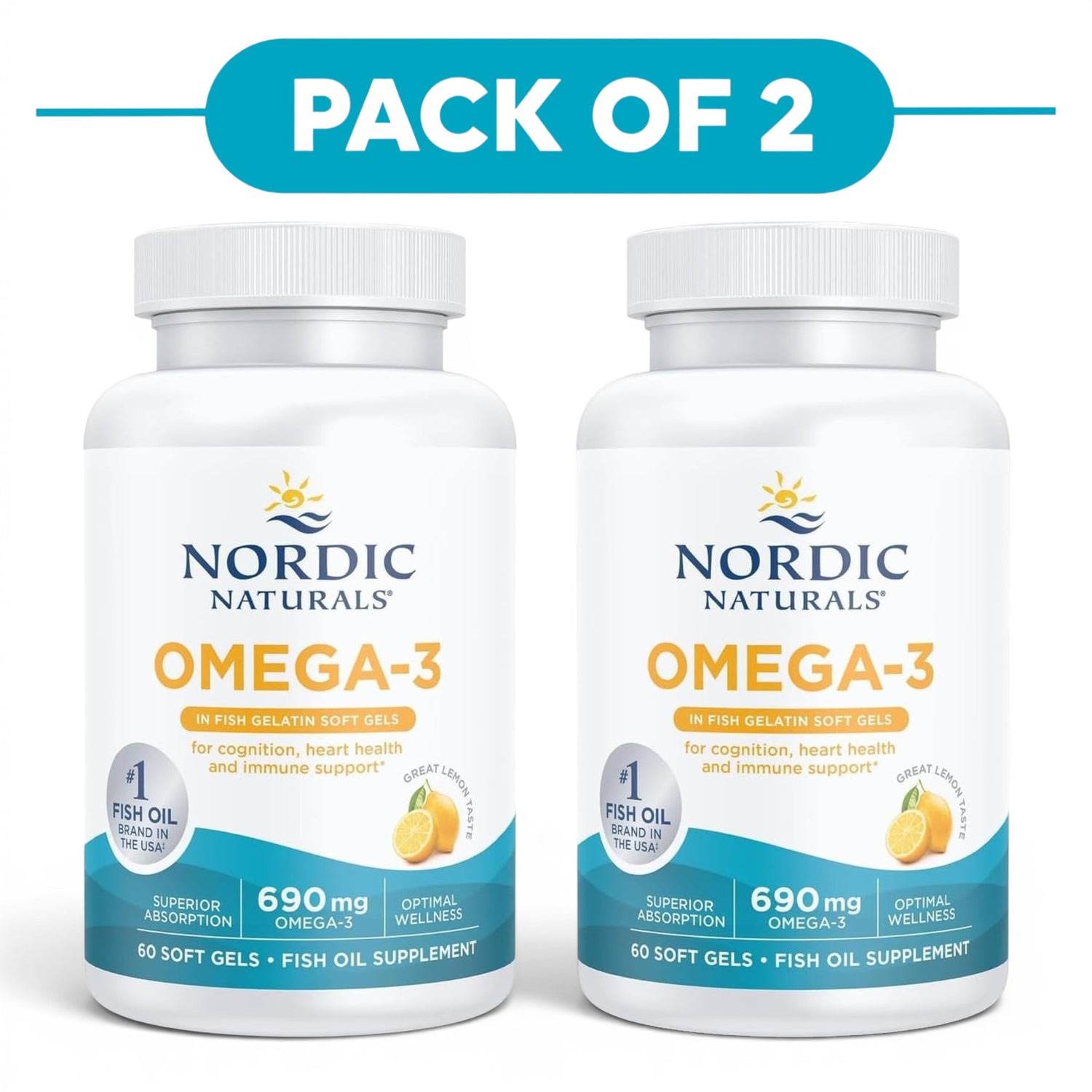 Nordic Naturals Omega-3 Fish Gelatin Lemon 60 Soft Gels Pack of 2