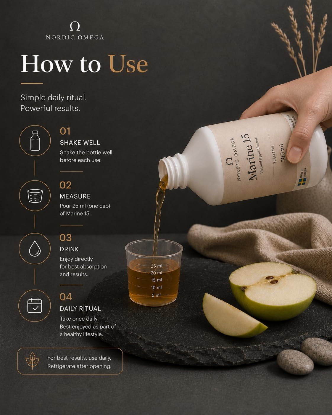 Nordic Omega Marine Collagen 15 Sugar Free Natural Apple Flavour 500ml usage instructions