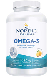Nordic Naturals Omega-3 fish oil supplement in a white plastic bottle with a white cap, featuring a white label with blue and yellow text and graphics.