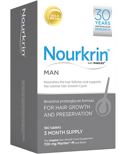 Nourkrin Man Hair Support Supplement box with 180 tablets on white background.