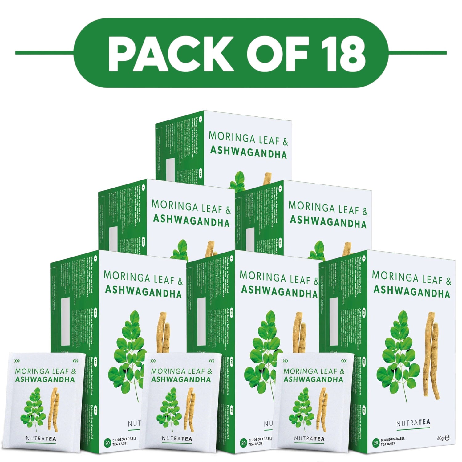 NutraTea Moringa Leaf & Ashwagandha Herbal Tea 20 Tea Bags Pack of 18