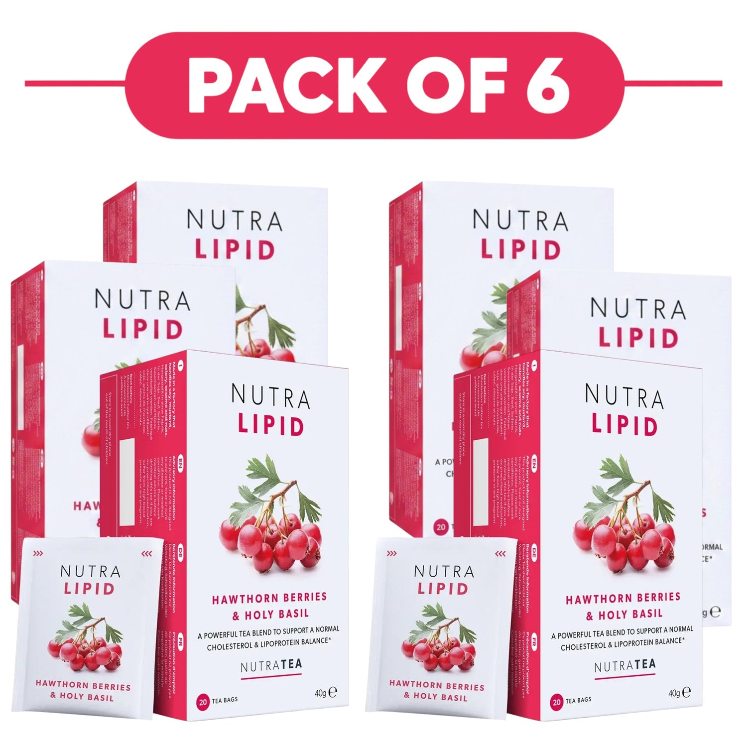 NutraTea NutraLipid Hawthorn Berries & Holy Basil Herbal Tea 20 Tea Bags Pack of 6