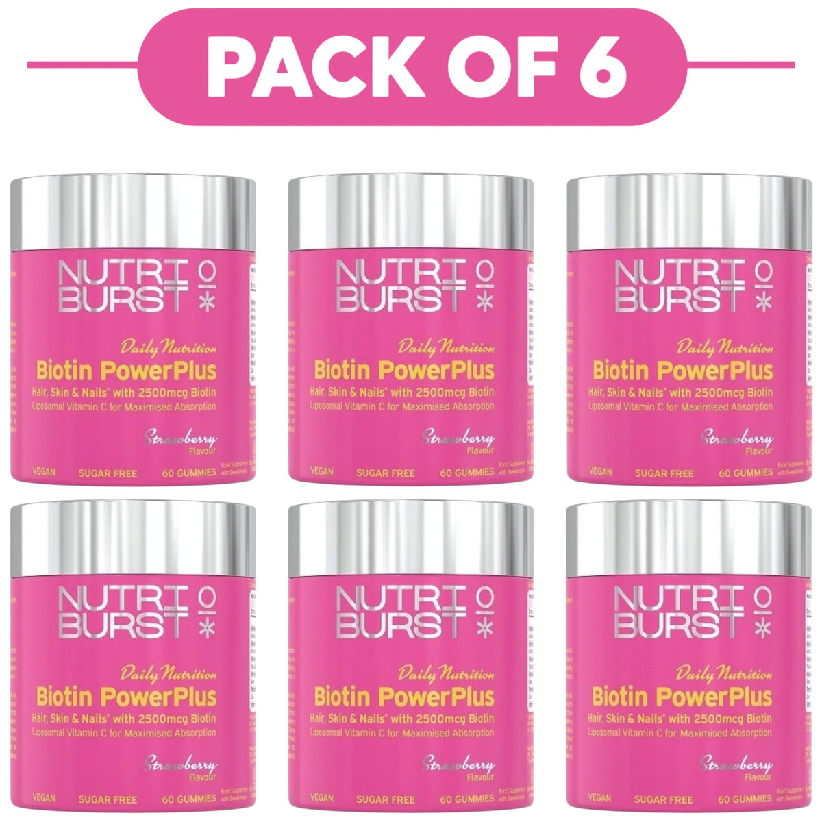 Six pink jars of Nutri Burst Biotin PowerPlus arranged in a 2x3 grid under a pink banner that reads 'PACK OF 6'.