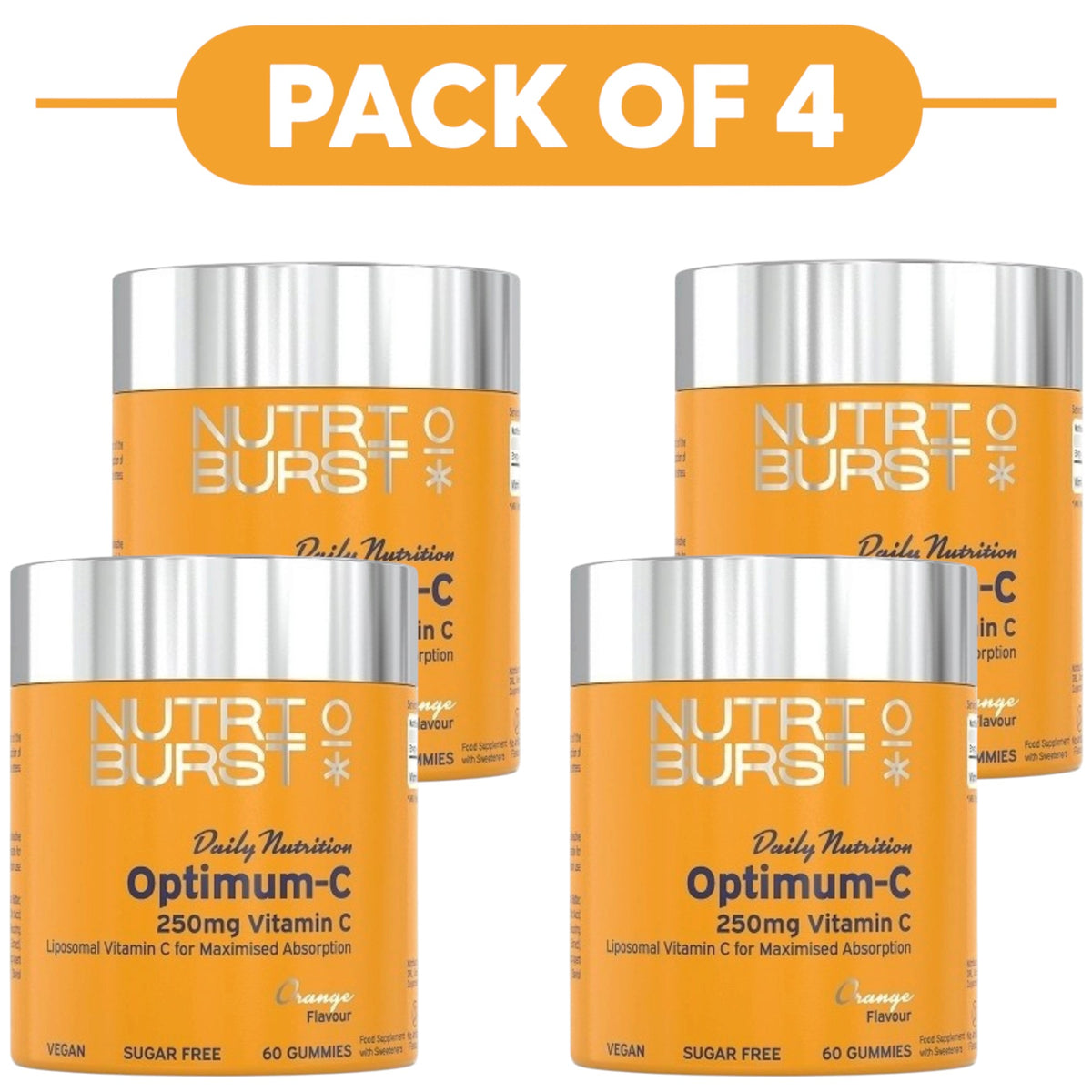 Four orange bottles of NutriBoost Optimum-C 250mg Vitamin C gummies arranged in a 2x2 grid with a large orange banner at the top reading 'PACK OF 4'.