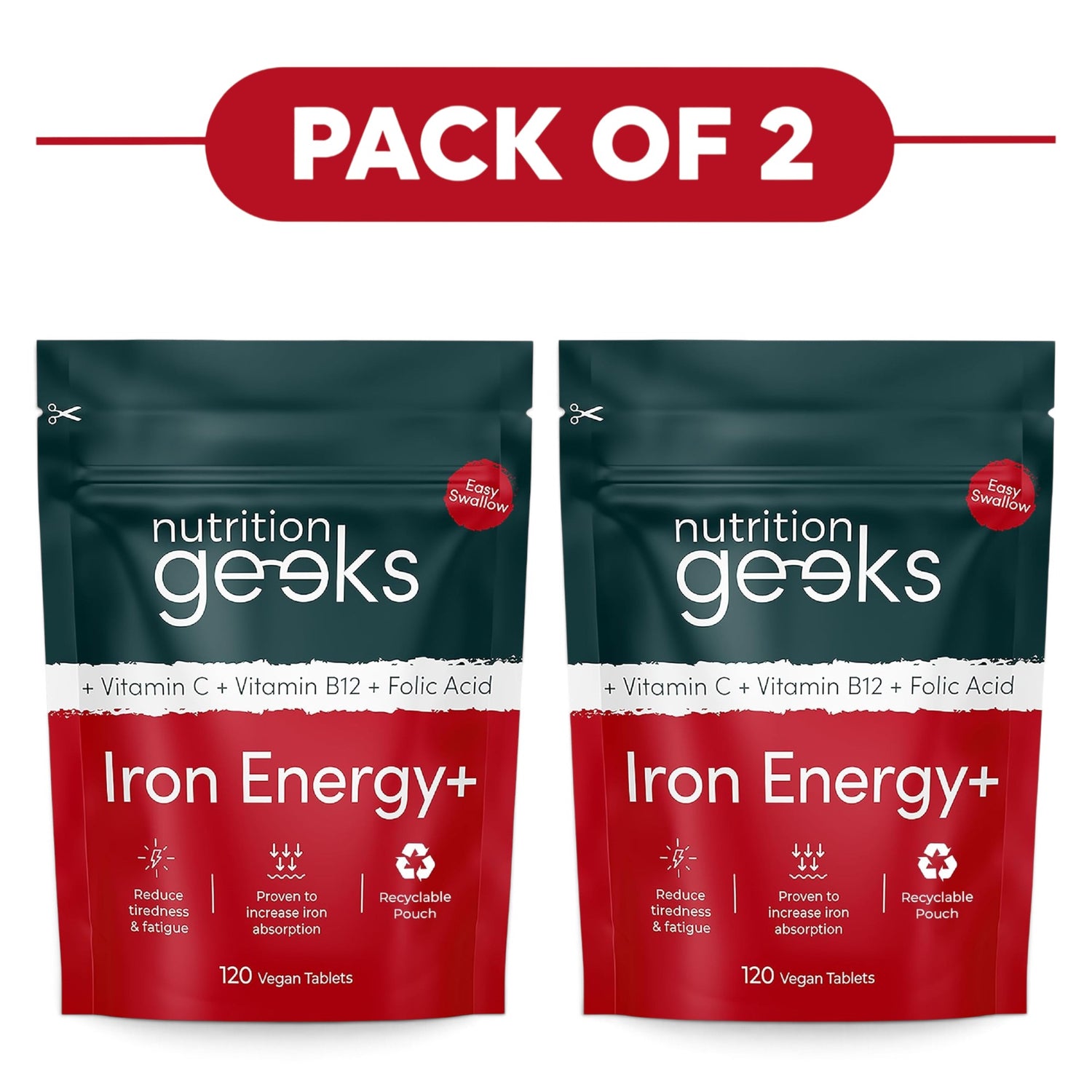 Nutrition Geeks Iron Energy+ 120 Vegan Tablets Pack of 2