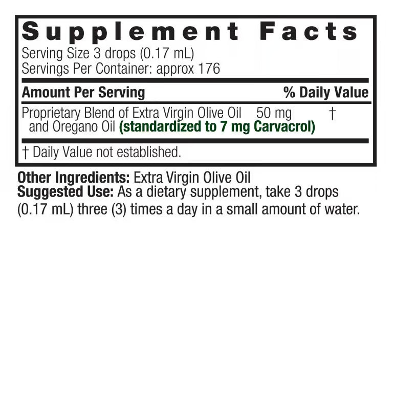 Supplement facts label for a proprietary blend of extra virgin olive oil and oregano oil.