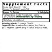 Supplement facts label for a proprietary blend of extra virgin olive oil and oregano oil.
