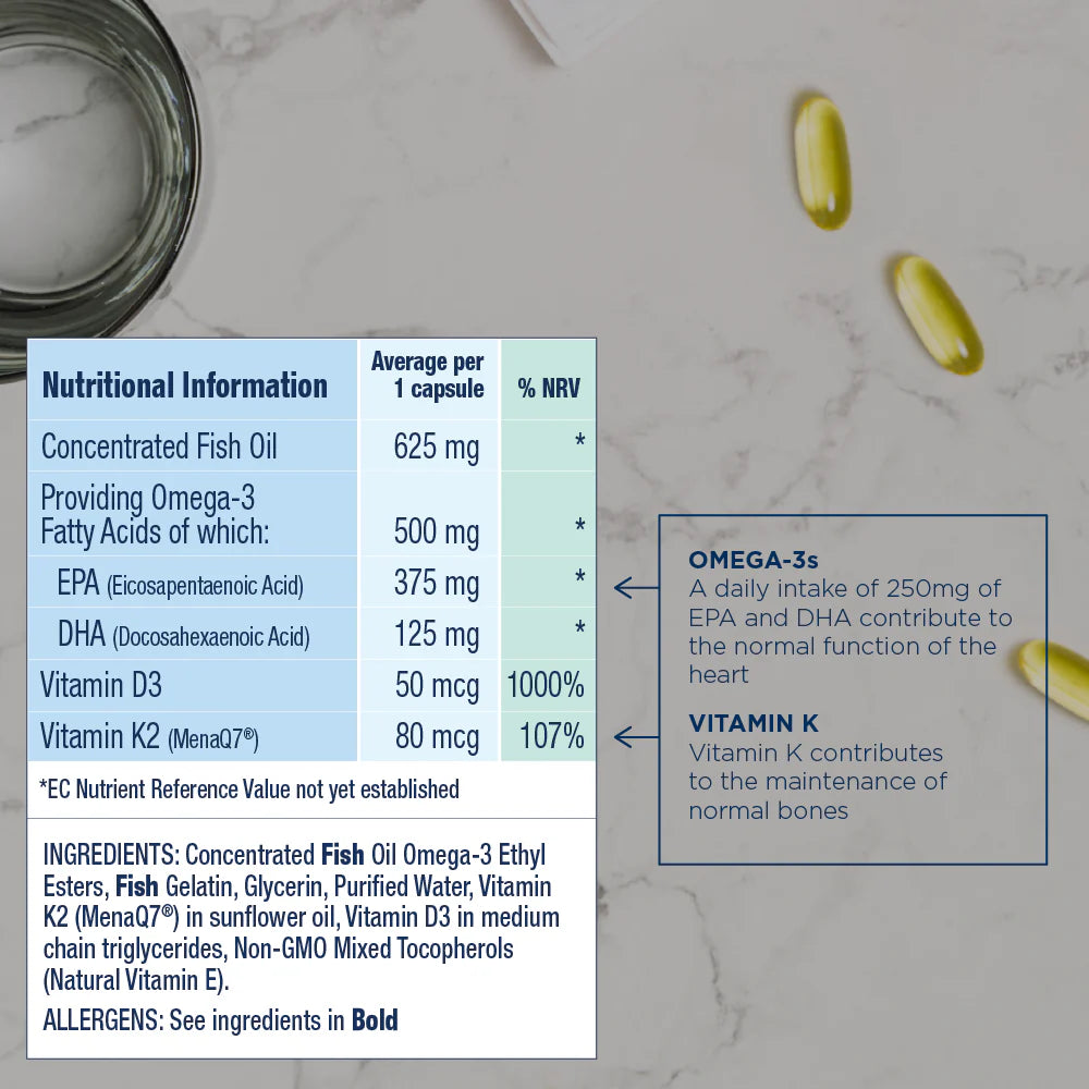 Wiley's Finest Omega-3 vitamin K2 and D3 supplement facts panel 60 softgels