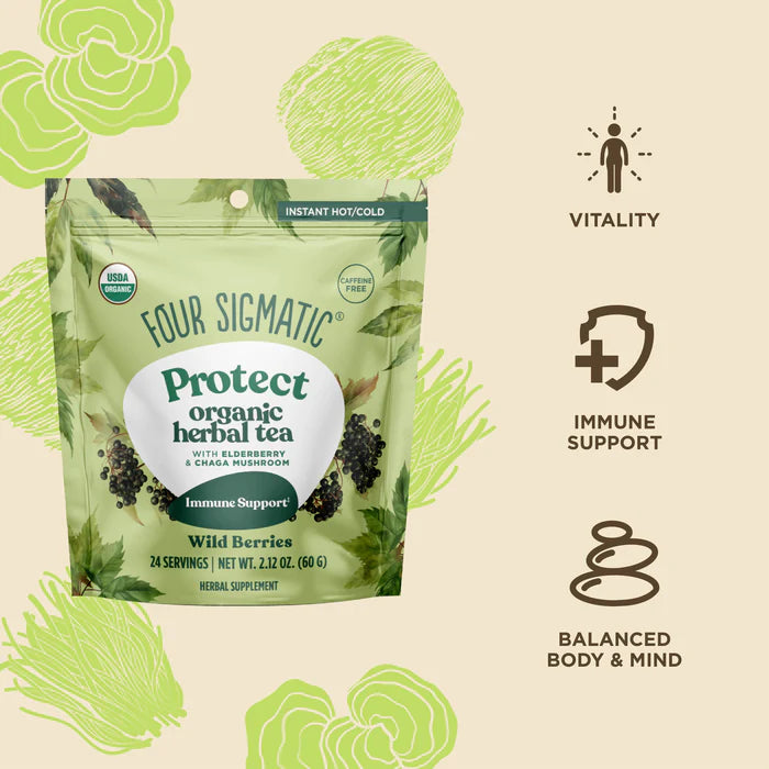 Four Sigmatic Protect organic herbal tea package with illustrations of berries and text on a beige background