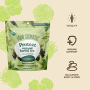 Four Sigmatic Protect organic herbal tea package with illustrations of berries and text on a beige background