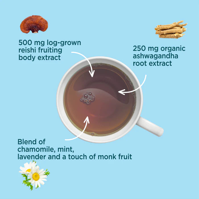 Tea cup with health benefits labeled on a blue background