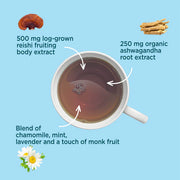 Tea cup with health benefits labeled on a blue background
