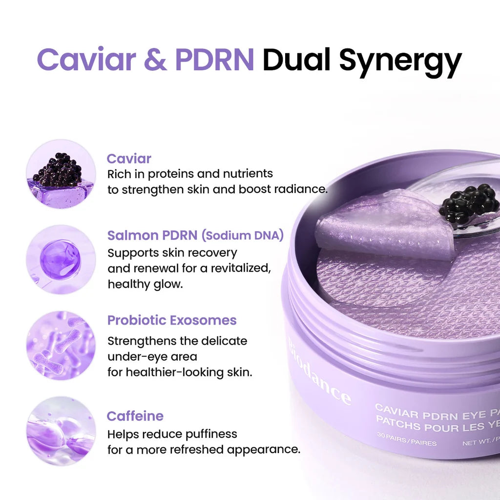 Biodance Caviar PDRN Hydrogel Under Eye Patches 30 Pairs ingredients panel and product information