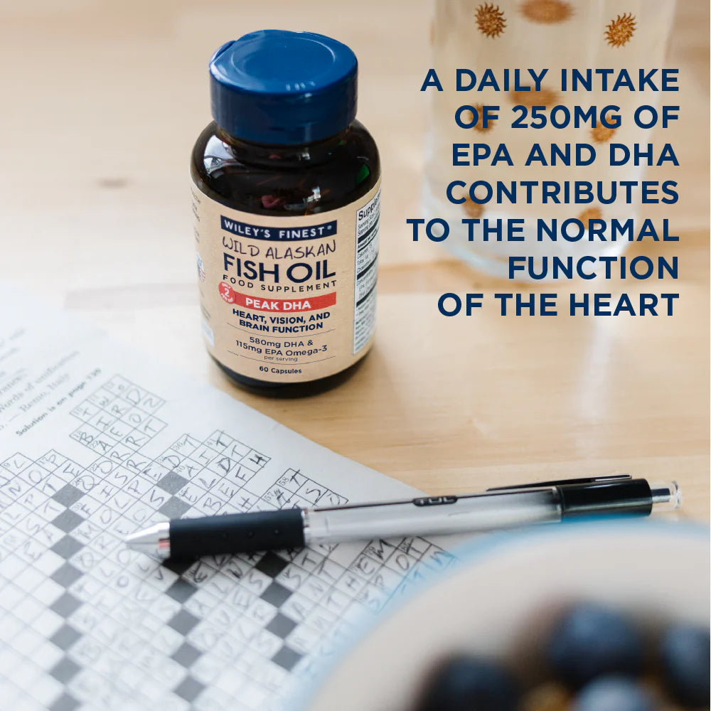 How to Use: Wiley's Finest Peak DHA wild Alaskan fish oil softgels bottle back label 60 softgels