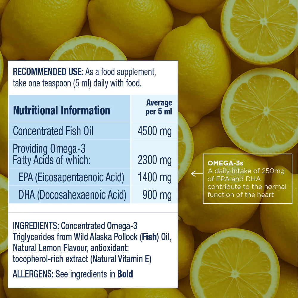 Wiley's Finest Peak Omega-3 liquid fish oil supplement facts panel lemon 250ml