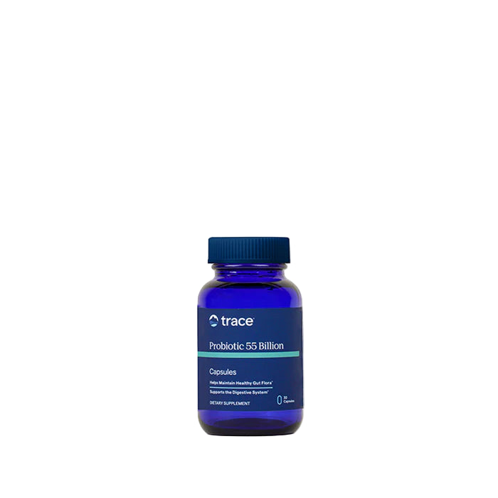Blue bottle of Probiotic 55 Billion by trace on a white background
