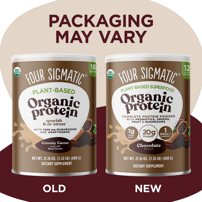 Four Sigmatic Organic Plant-Based Protein Powder, Chocolate - 600g. Old & new packaging.