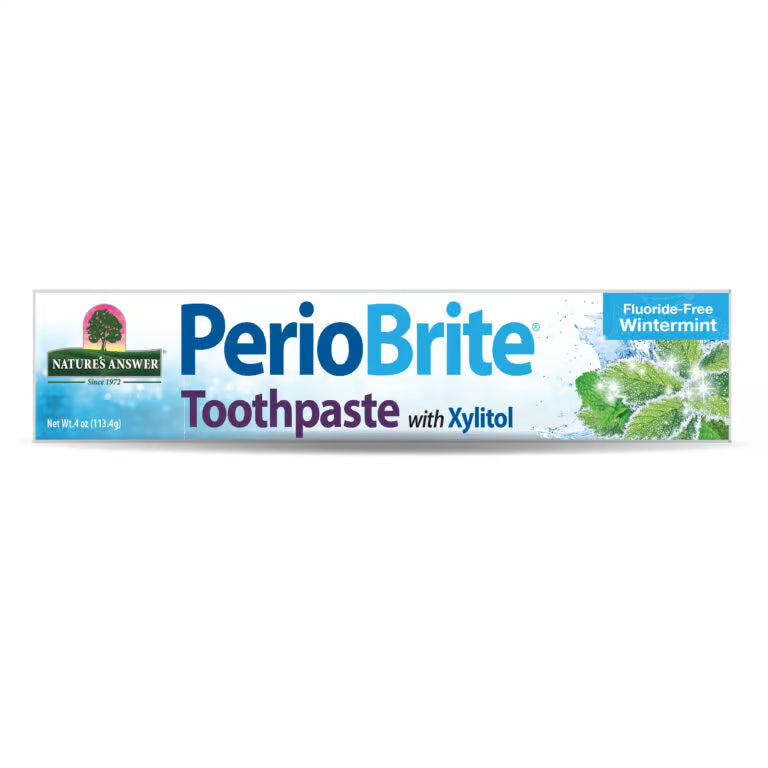 PerioBrite toothpaste tube with branding on a white background