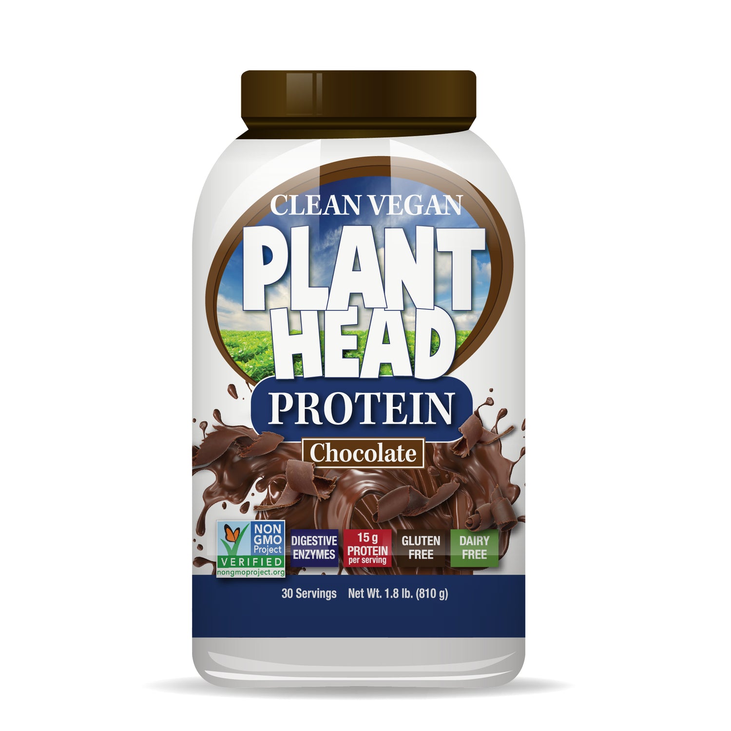 Plant-based protein powder container with 'Clean Vegan Plant Head Protein' branding on a white background