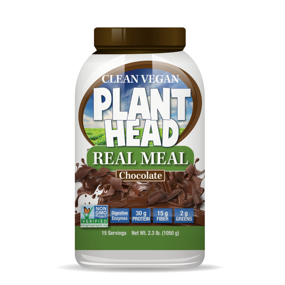 Plant-based meal replacement powder container with 'Plant Head' branding on a white background