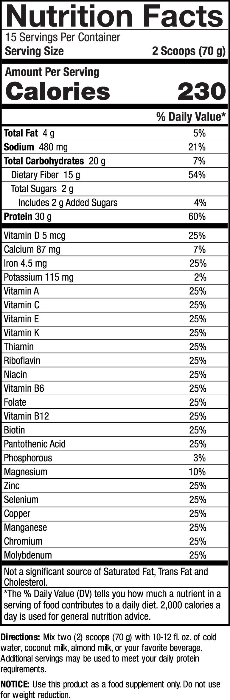 Nutrition facts label for a product with serving size, calories, and various nutrient values.