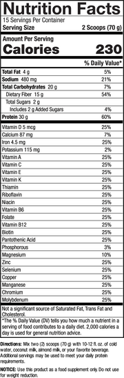 Nutrition facts label for a product with serving size, calories, and various nutrient values.
