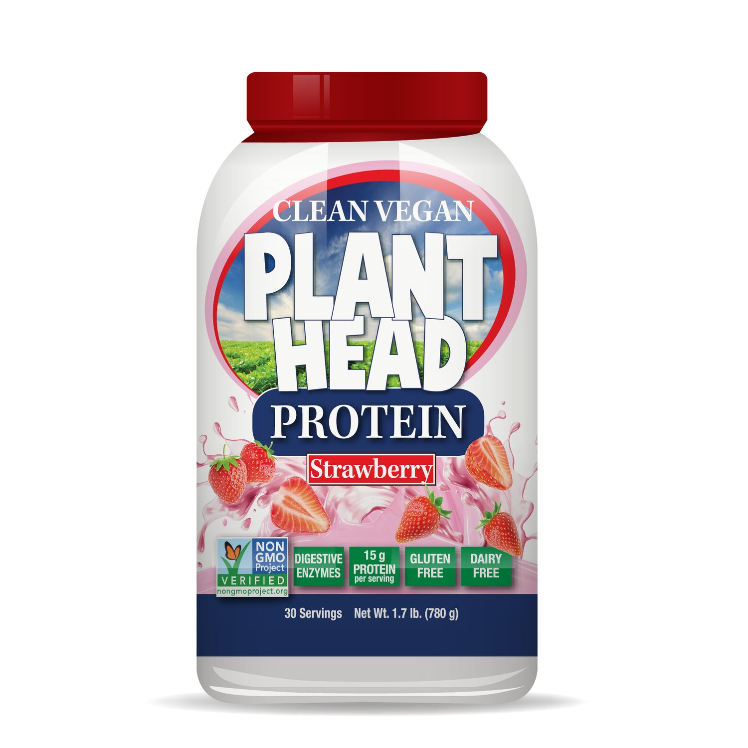 Plant Head Protein – Clean Vegan Strawberry, 780 g Powder with Digestive Enzymes