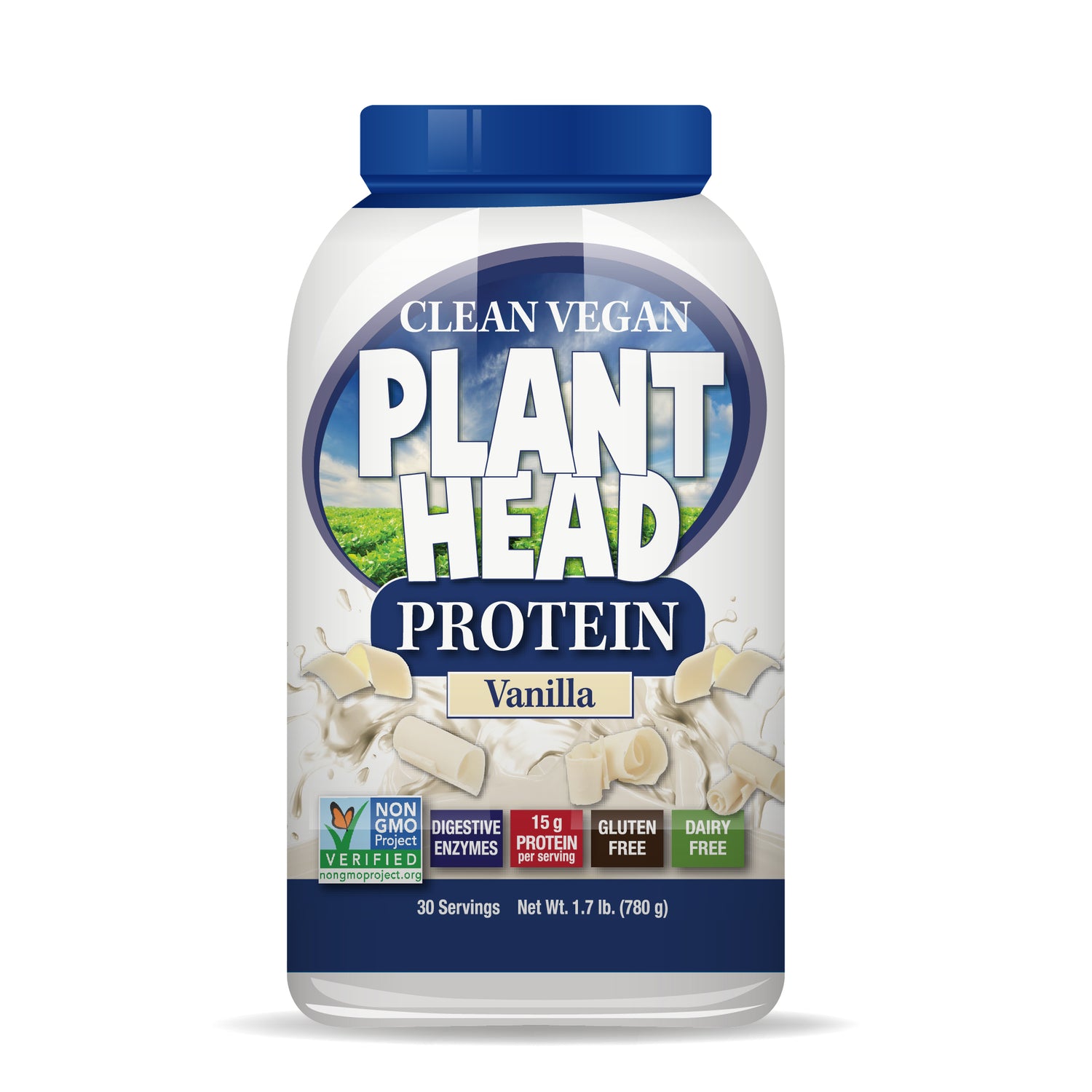 Plant-based protein powder container with vanilla flavor on a white background