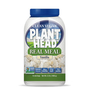 Plant-based meal replacement powder container with vanilla flavor on a white background