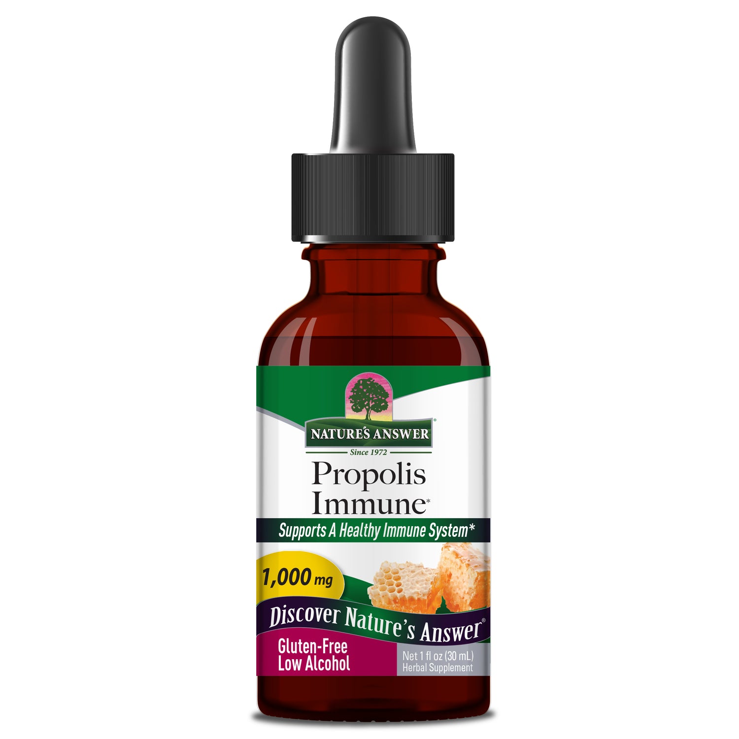 Bottle of Nature's Answer Propolis Immune supplement with dropper on a white background