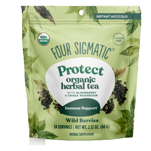 Four Sigmatic Protect organic herbal tea package with green leaves and black berries on a white background