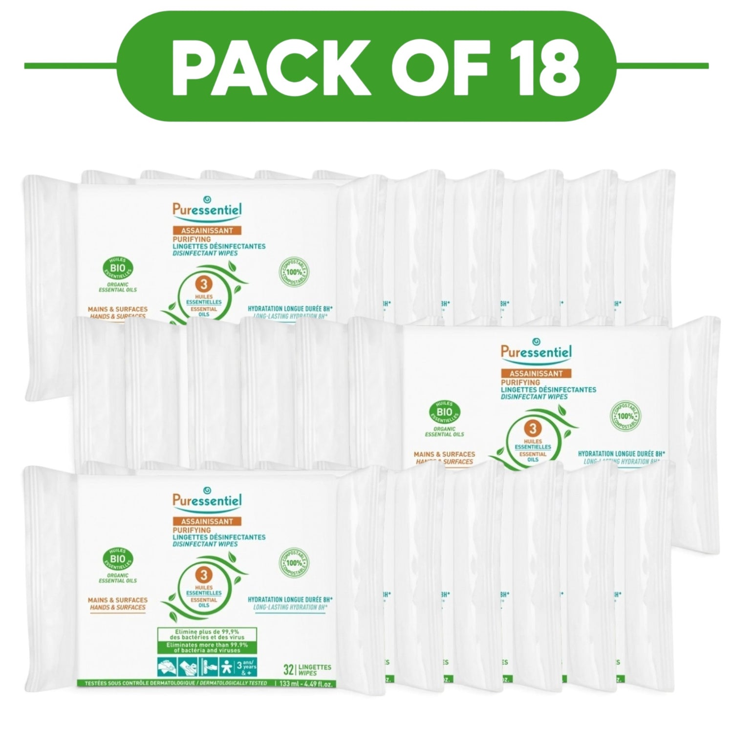 Puressentiel Purifying Disinfectant Wipes Hands Surfaces 32 Pack of 18