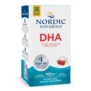Nordic Naturals DHA strawberry soft gels bottle, high DHA formula, 90 count