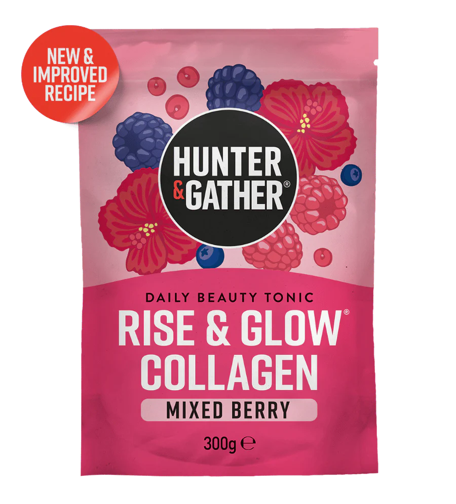 Hunter & Gather Rise & Glow Collagen package with mixed berry flavor on a pink background