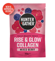 Hunter & Gather Rise & Glow Collagen package with mixed berry flavor on a pink background