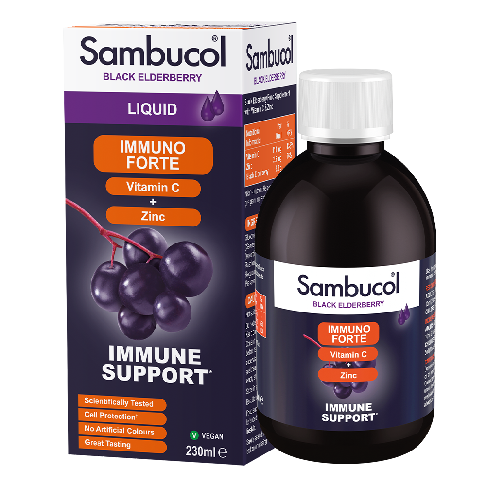 Sambucol Black Elderberry Immuno Forte supplement bottle and packaging on a white background