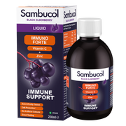Sambucol Black Elderberry Immuno Forte supplement bottle and packaging on a white background