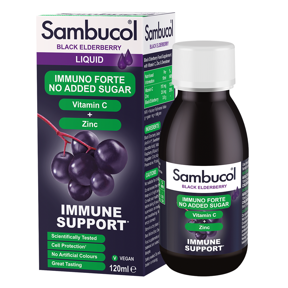 Sambucol Black Elderberry Immuno Forte liquid bottle and packaging on a white background